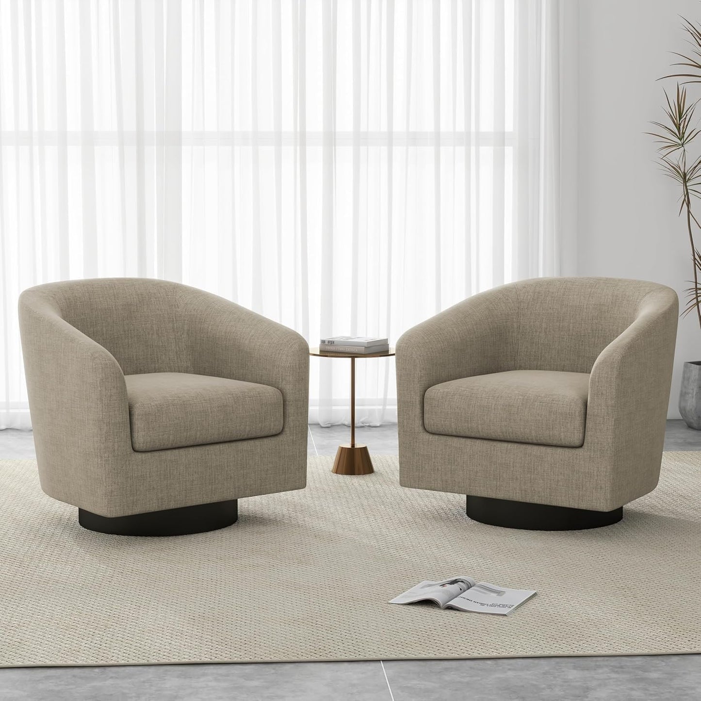 UIXE Swivel Accent Chairs Set of 2, Corduroy Barrel Club Chair Upholstered Armchair for Living Room, Round Arm Chair Bedroom Single Sofa Reading Seat - Camel