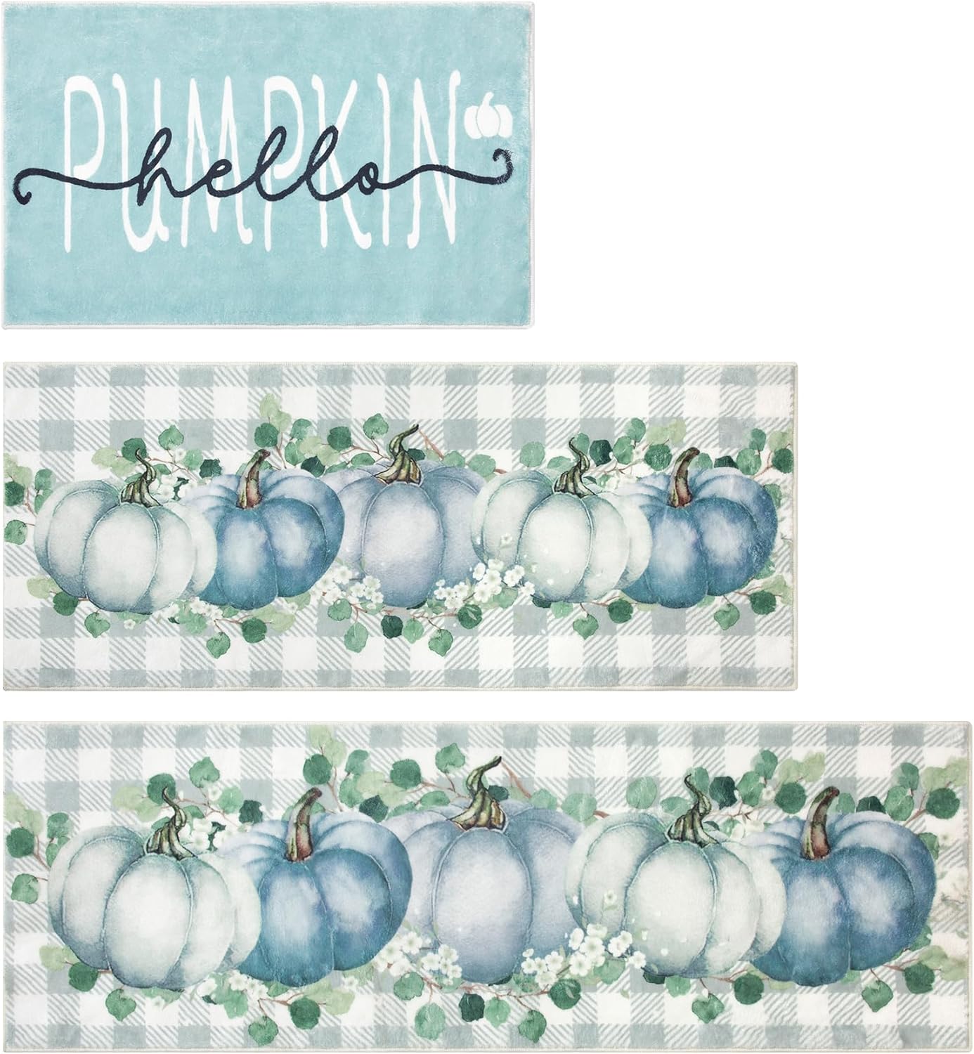 Fall Kitchen Rugs Sets of 3 Non Slip Washable Blue Pumpkin Kitchen Mats for Floor 3 Piece Set Kitchen Rug Sets Runner Carpets Absorbent for Home Party Autumn Decor(20"x32"+20"x48"+20"x59")