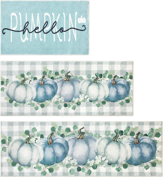 Fall Kitchen Rugs Sets of 3 Non Slip Washable Blue Pumpkin Kitchen Mats for Floor 3 Piece Set Kitchen Rug Sets Runner Carpets Absorbent for Home Party Autumn Decor(20"x32"+20"x48"+20"x59")