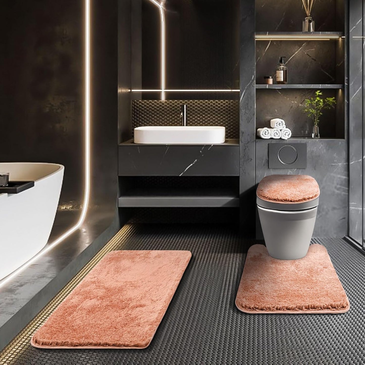 Bathroom Rugs Sets 3 Piece with Adjustable Toilet Seat Cover 17.5"x 15" Machine Washable Bath Rug Set with TPR Non Slip Rubber Backing Solid Bath Mat Set for Luxury Bathroom Decoration