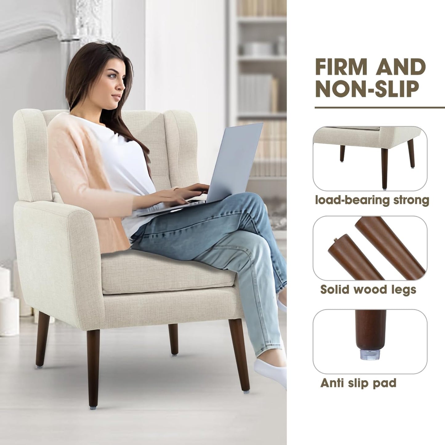Accent Chairs Set of 2 for Living Room, Chenille Upholstered Mordern Armchair, Comfy Soft Padded Lounge Reading Arm Chair in Small Space, Bedroom, Pillow, Solid Wood Leg, Beige