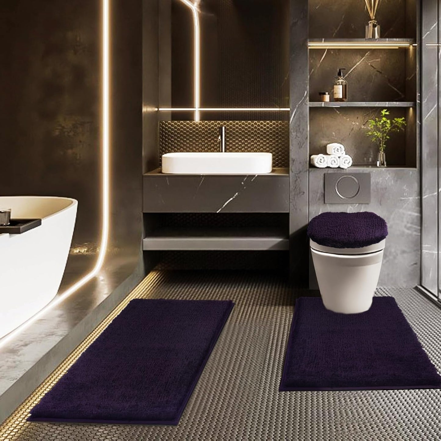 Bathroom Rugs Sets 3 Piece with Adjustable Toilet Seat Cover 17.5"x 15" Machine Washable Bath Rug Set with TPR Non Slip Rubber Backing Solid Bath Mat Set for Luxury Bathroom Decoration