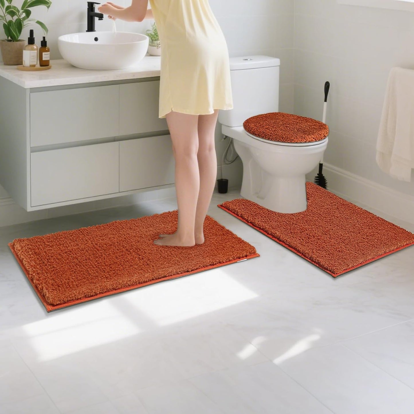 Bathroom Rugs Sets 3 Piece with Adjustable Toilet Seat Cover 17.5"x 15" Machine Washable Bath Rug Set with TPR Non Slip Rubber Backing Solid Bath Mat Set for Luxury Bathroom Decoration