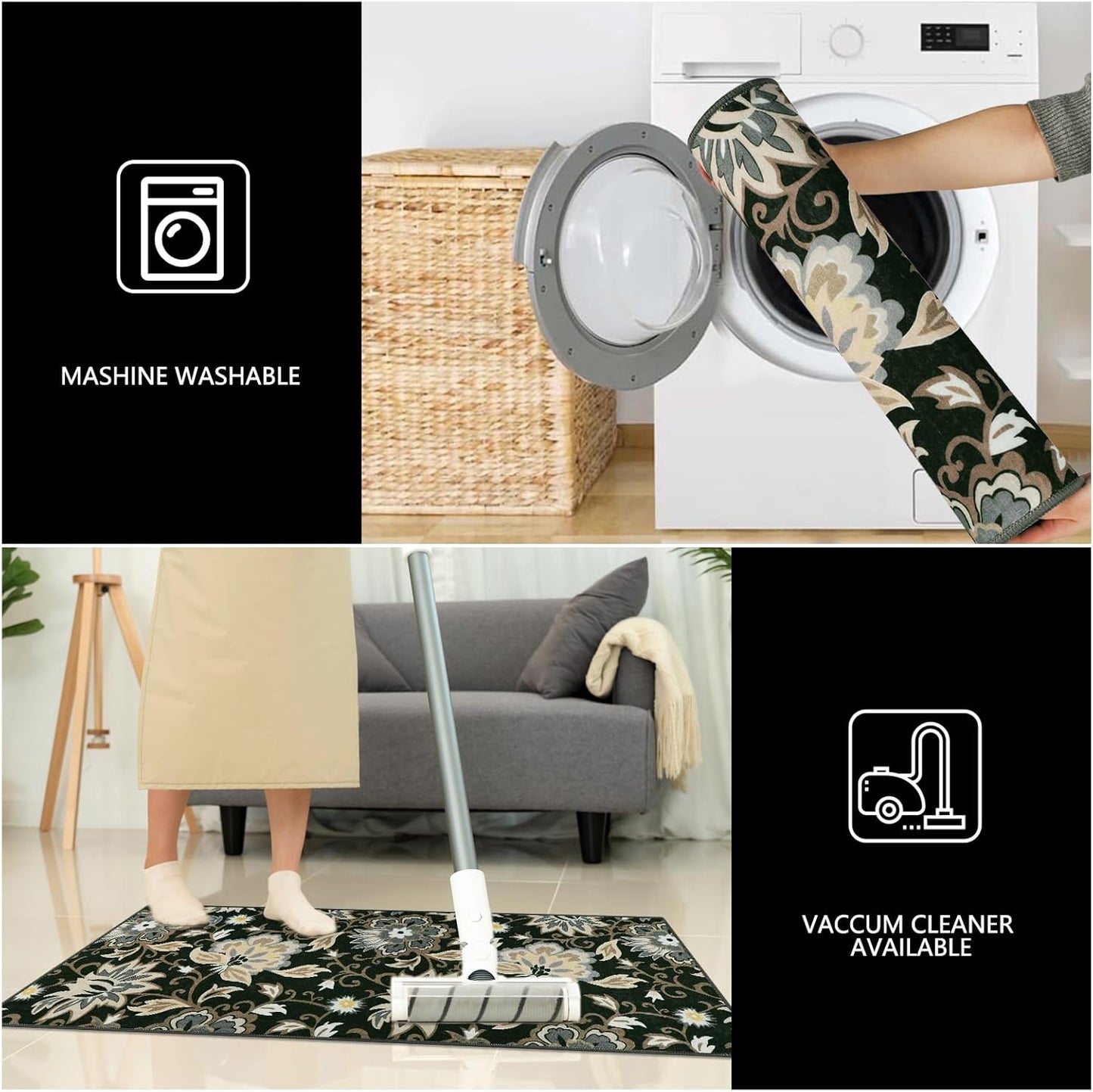 Homcomoda Boho 3 Piece Rug Set with Runner - Non Slip Floor Mats, Washable Kitchen Carpet Runner for Laundry, Hallway