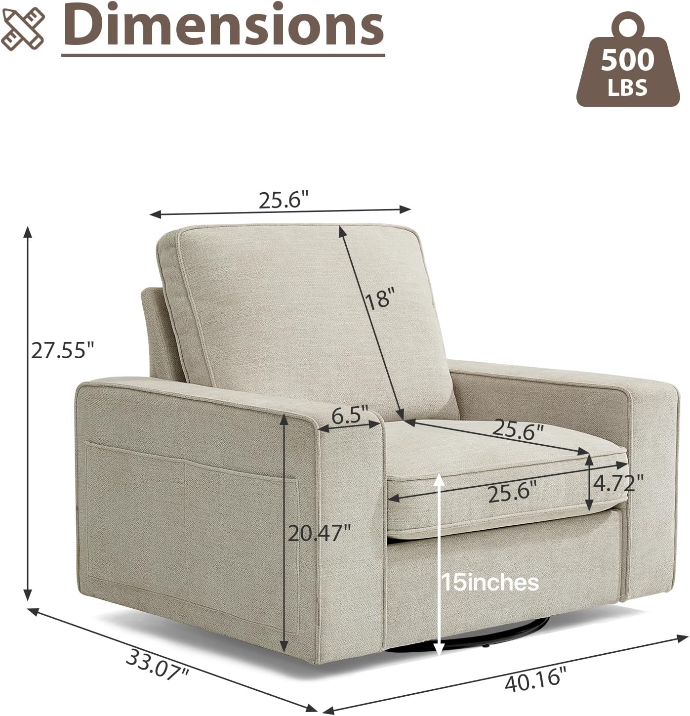 TEKAMON Swivel Accent Chair, Oversized Swivel Single Sofa Chair, Modern Chenille Fabric Barrel Armchair for Living Room/Office with Extra Wide Armrests, Washable Covers, 360° Rotation (Beige)