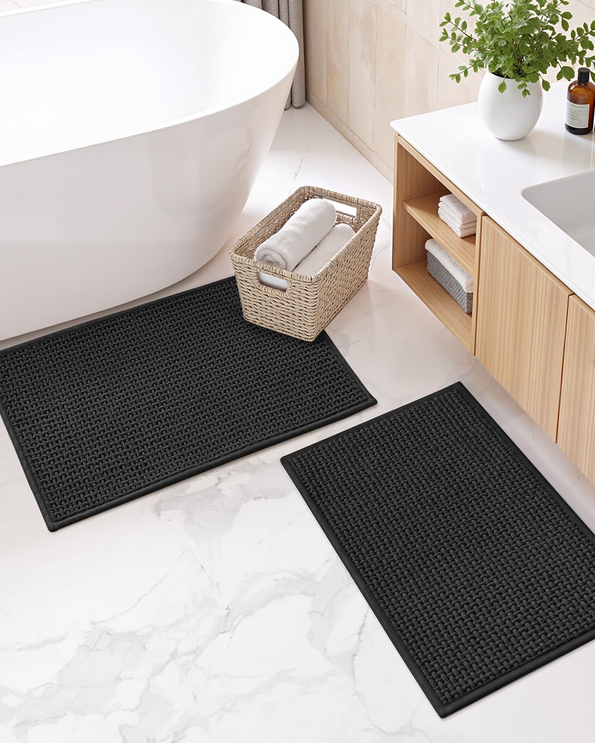 Color&Geometry Chenille Pile Large Bathroom Rugs Upgraded Denser, 24"x36" Non Slip Absorbent Black Bath Mats for Bathroom Thin Fit Under Door, Washable Quick Dry