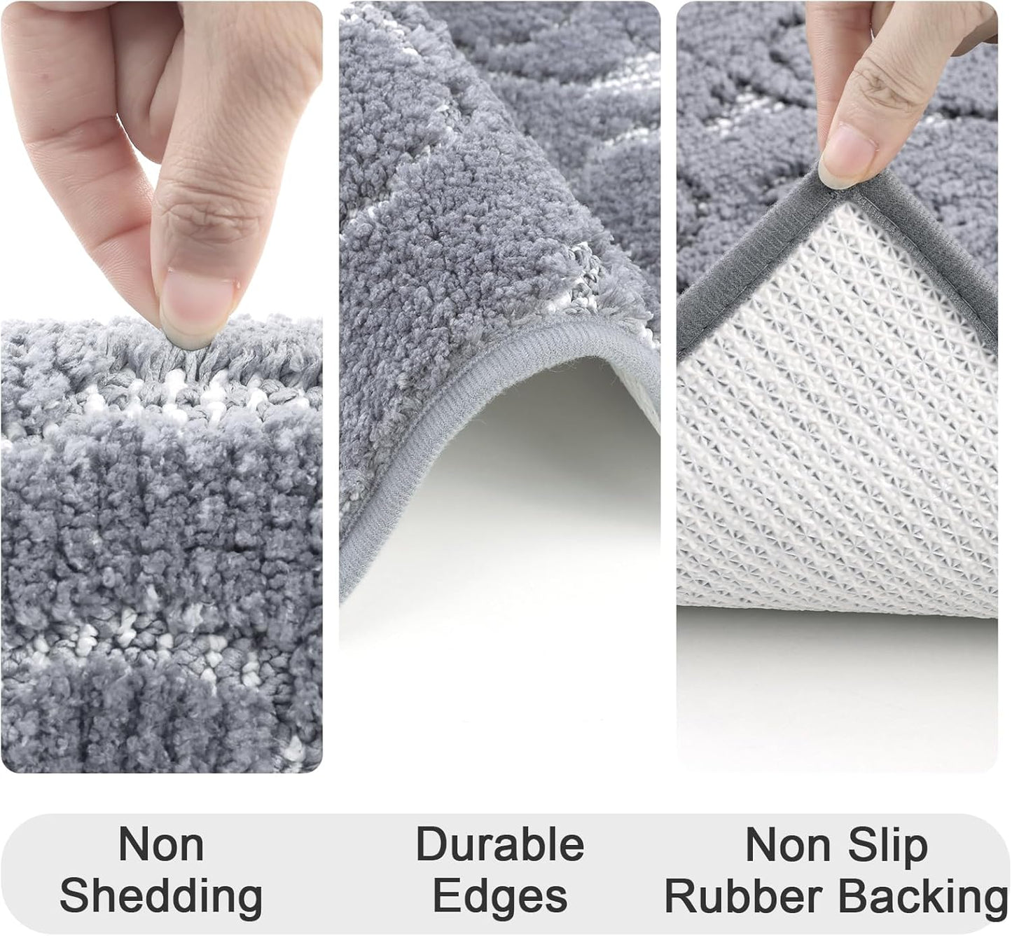 HEBE Bathroom Rug Set - 3 Piece Non Slip Shower Mats with U-Shaped Toilet Mat, Absorbent Microfiber Bath Mats for Bath Rugs, Washable Shaggy Floor Carpet