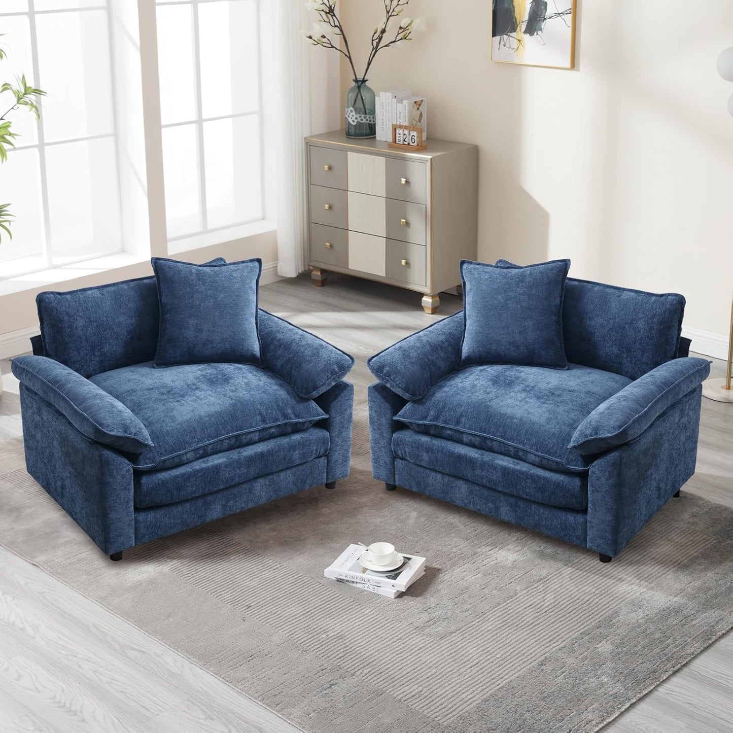 Chenille Oversized Accent Chair with Ottoman, Comfy Single Sofa Chair Armchair with Large Seat and Extra Wide Armrests, Modern Reading Chairs for Bedroom, Living Room,Beige