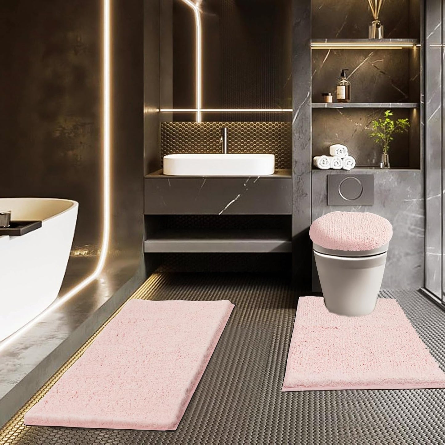 Bathroom Rugs Sets 3 Piece with Adjustable Toilet Seat Cover 17.5"x 15" Machine Washable Bath Rug Set with TPR Non Slip Rubber Backing Solid Bath Mat Set for Luxury Bathroom Decoration