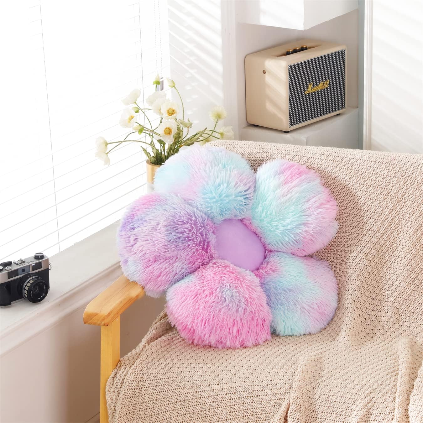 Faux Fur Pillow,Flower Shaped Throw Pillow Butt Cushion Flower Floor Pillow,Seating Cushion,Cute Room Decor & Plush Pillow for Bedroom Sofa Chair (19.7 Inches, Rainbow Purple)