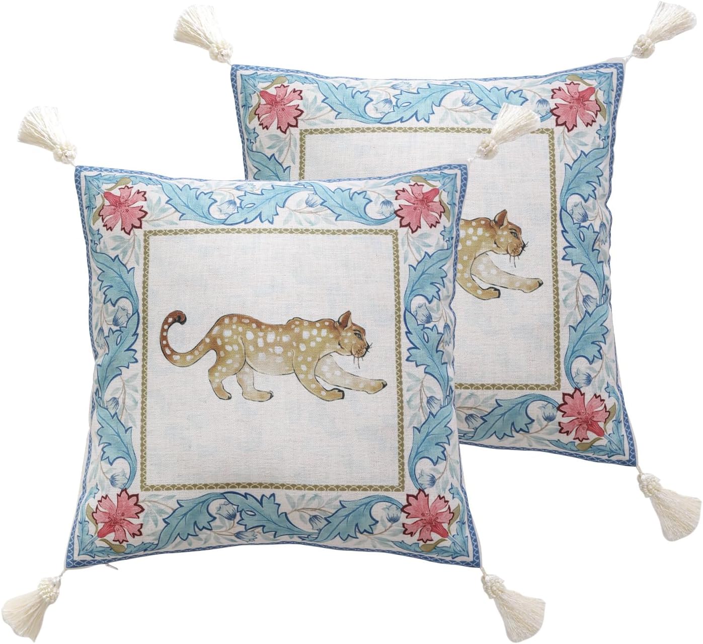 patdrea Designer Pack of 2 Square Throw Pillow Covers,Farmhouse Pink and Yellow Linen with Floral Pattern Pillows Cover,Decorative Pillowcases Cushion for Bed Living Room Outdoor Car,18"x18"