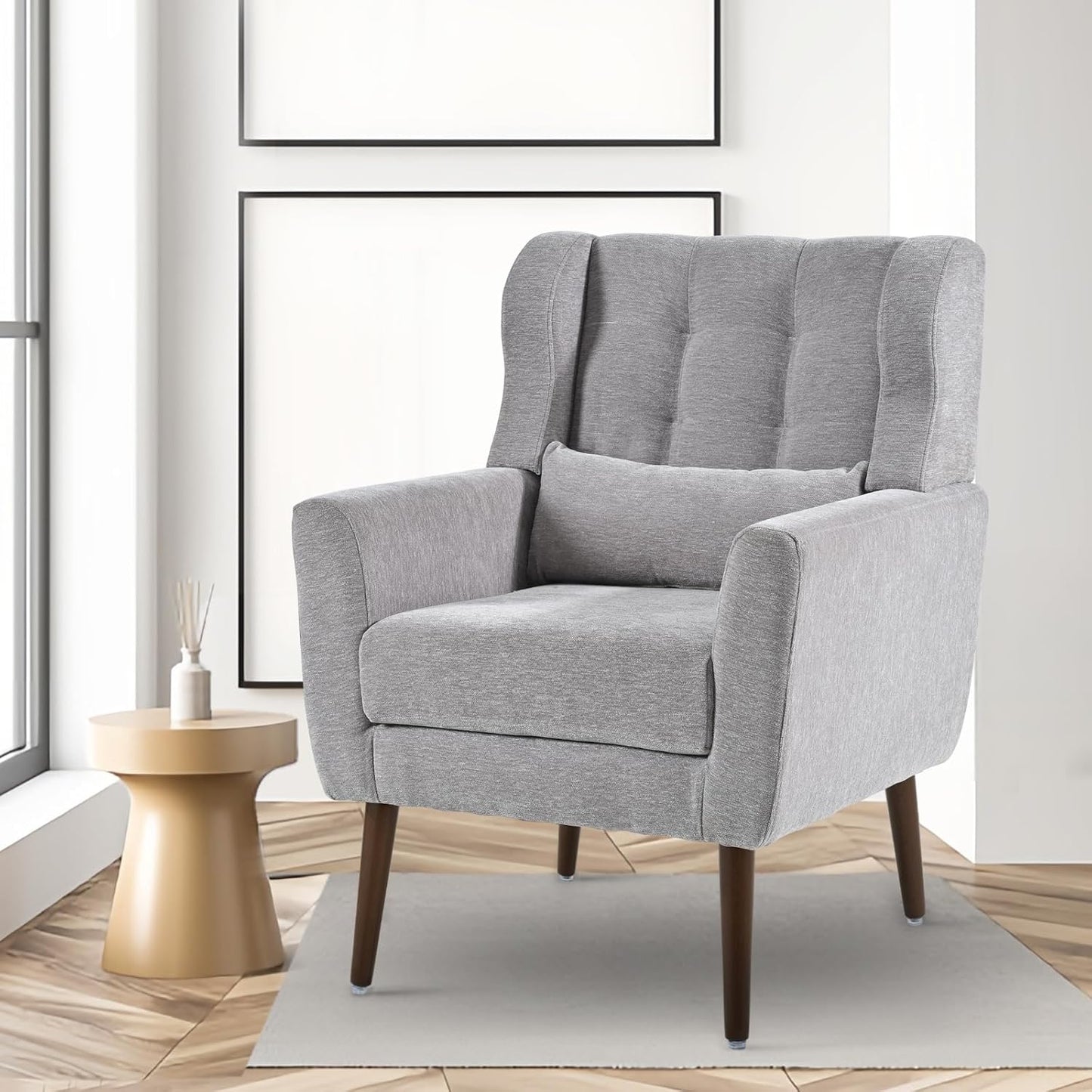 Accent Chairs Set of 2 for Living Room, Chenille Upholstered Mordern Armchair, Comfy Soft Padded Lounge Reading Arm Chair in Small Space, Bedroom, Pillow, Solid Wood Leg, Beige