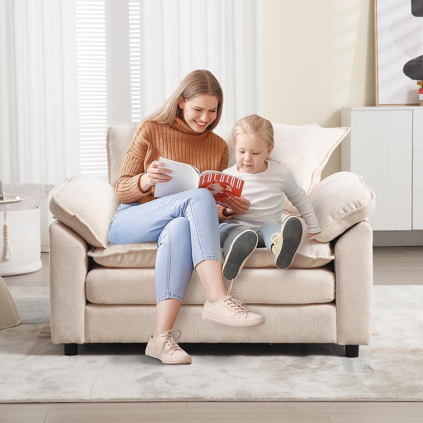 Chenille Oversized Accent Chair with Ottoman, Comfy Single Sofa Chair Armchair with Large Seat and Extra Wide Armrests, Modern Reading Chairs for Bedroom, Living Room,Beige