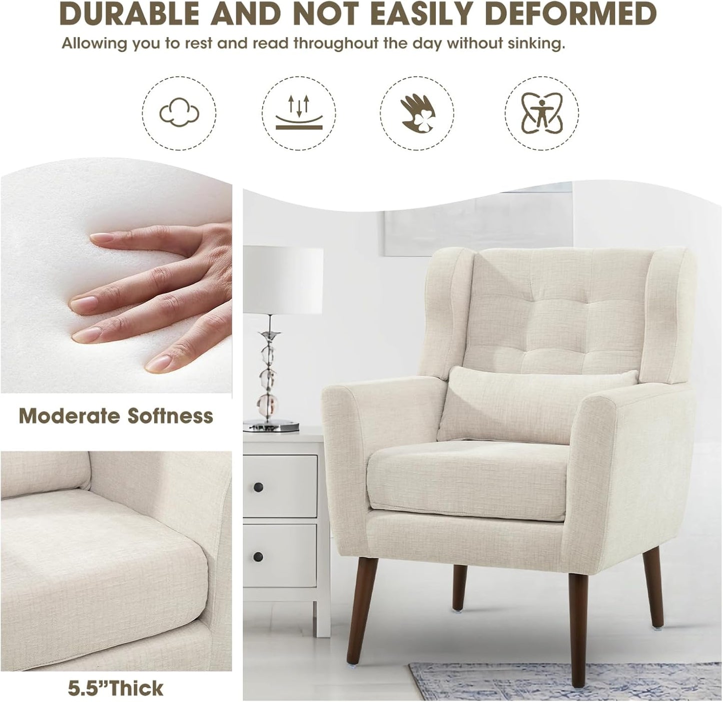 Accent Chairs Set of 2 for Living Room, Chenille Upholstered Mordern Armchair, Comfy Soft Padded Lounge Reading Arm Chair in Small Space, Bedroom, Pillow, Solid Wood Leg, Beige