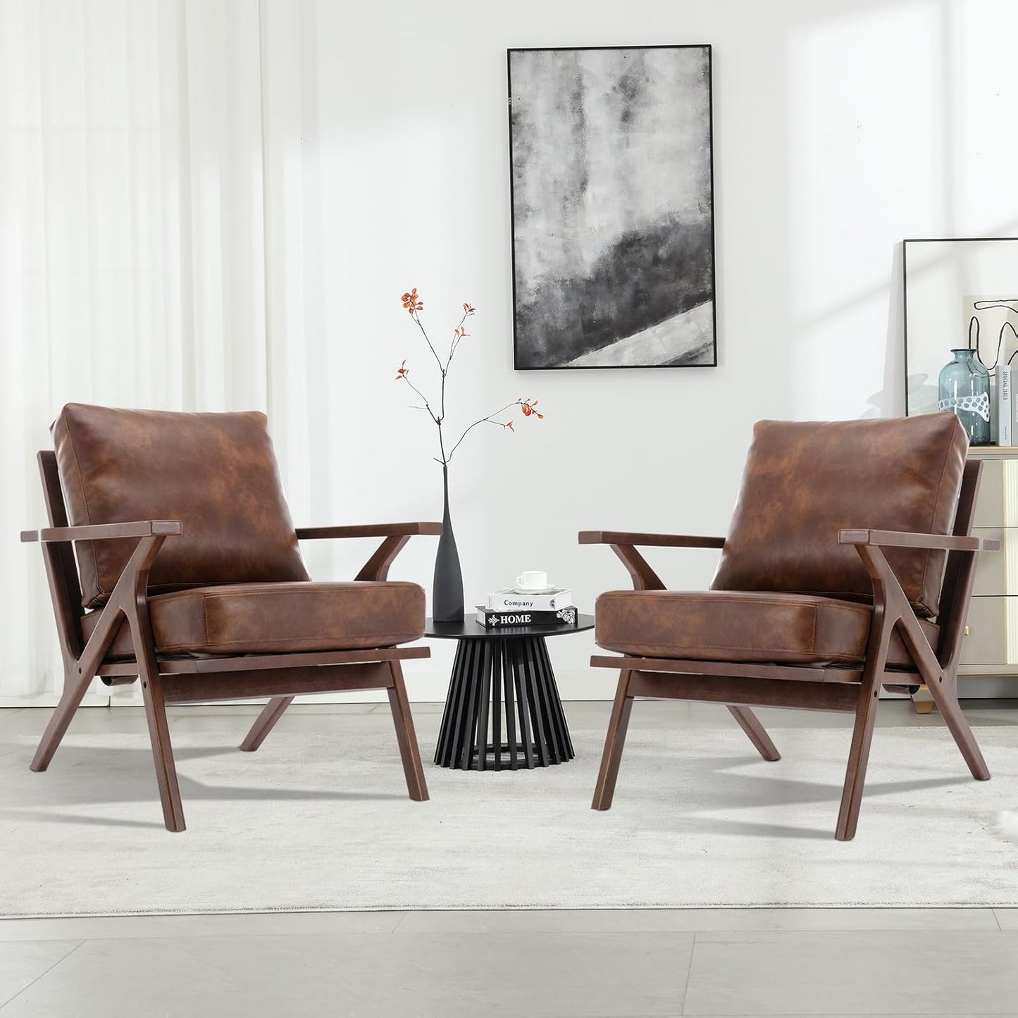 INZOY Mid-Century Modern Accent Chair with Wood Frame, PU Leather Living Room Chair and Soft Thick Padded Armchair for Living Room Bedroom Reception with Removable Upholstered Cushions, Brown