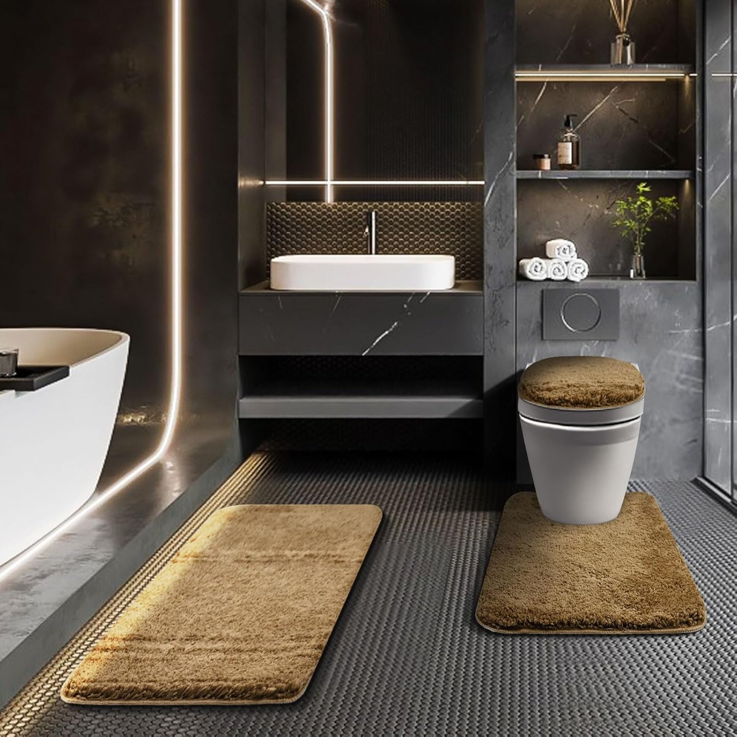 Bathroom Rugs Sets 3 Piece with Adjustable Toilet Seat Cover 17.5"x 15" Machine Washable Bath Rug Set with TPR Non Slip Rubber Backing Solid Bath Mat Set for Luxury Bathroom Decoration