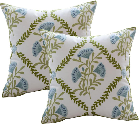 YIcabinet Pillow Covers Set of 2, Embroidered Flower Pattern Throw Pillow Cover,Square Cotton Cushion,Pillow Case for Sofa Bedroom Couch,18"x18"