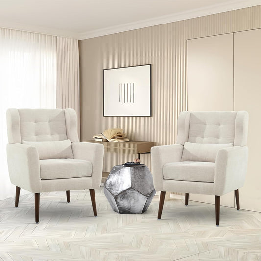 Accent Chairs Set of 2 for Living Room, Chenille Upholstered Mordern Armchair, Comfy Soft Padded Lounge Reading Arm Chair in Small Space, Bedroom, Pillow, Solid Wood Leg, Beige