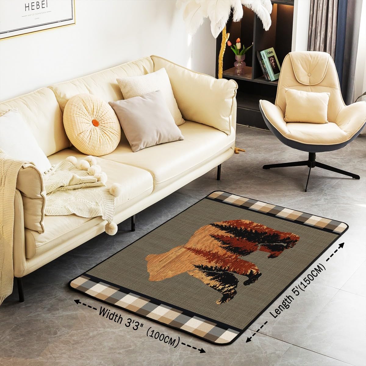 jejeloiu Cute Bear Area Rug 5x7 Wild Animal Pattern Decorative Carpet Nature Wildlife Bear Rugs for Living Room Bedroom Western Farmhouse Orange Grey Accent Rug