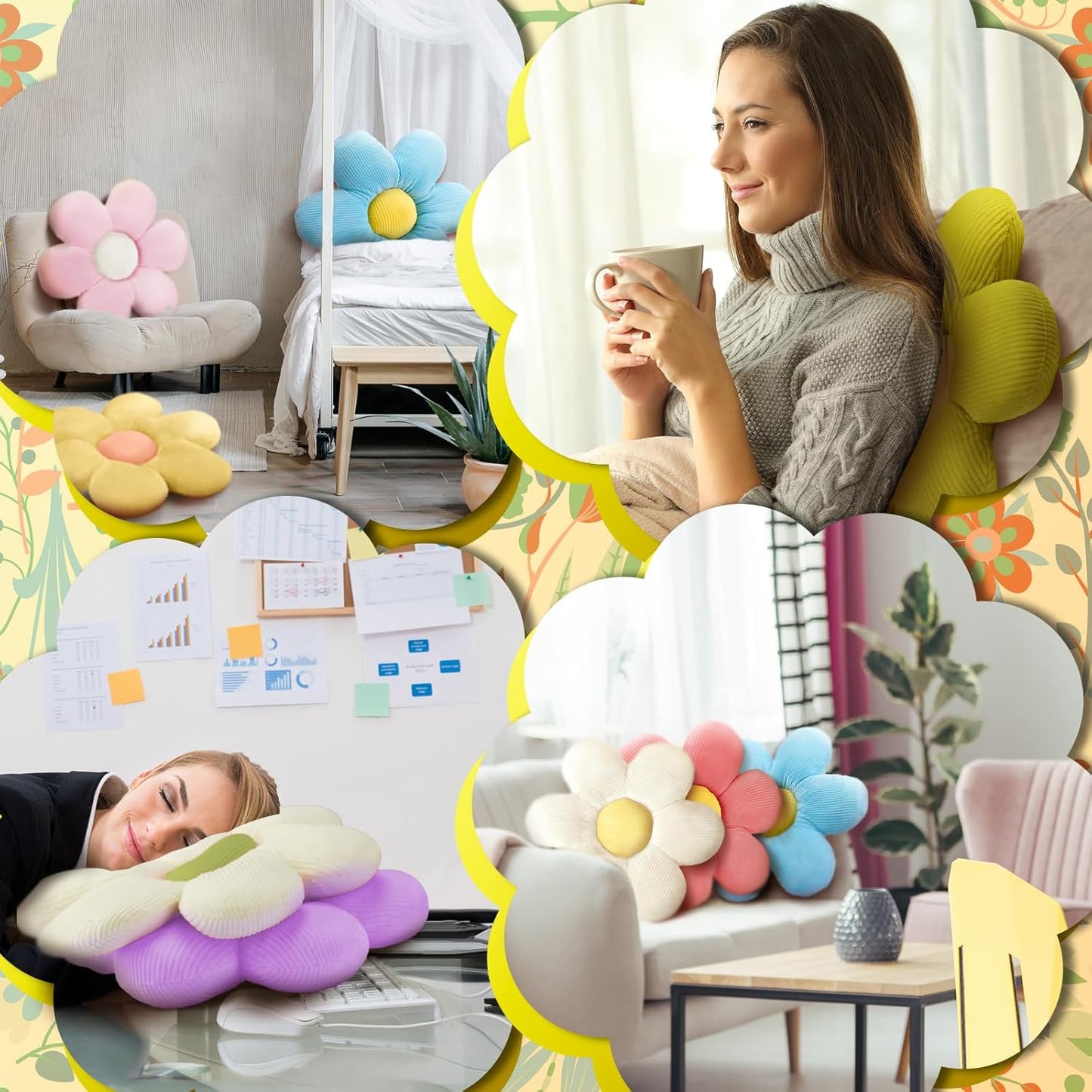 Sratte 10 Pcs Flower Shaped Throw Pillows Cute Daisy Flower Seating Cushions for Adults Reading Leisure Comfortable Home Bedroom Sofa Chair Couch Decor(19.69 Inches)