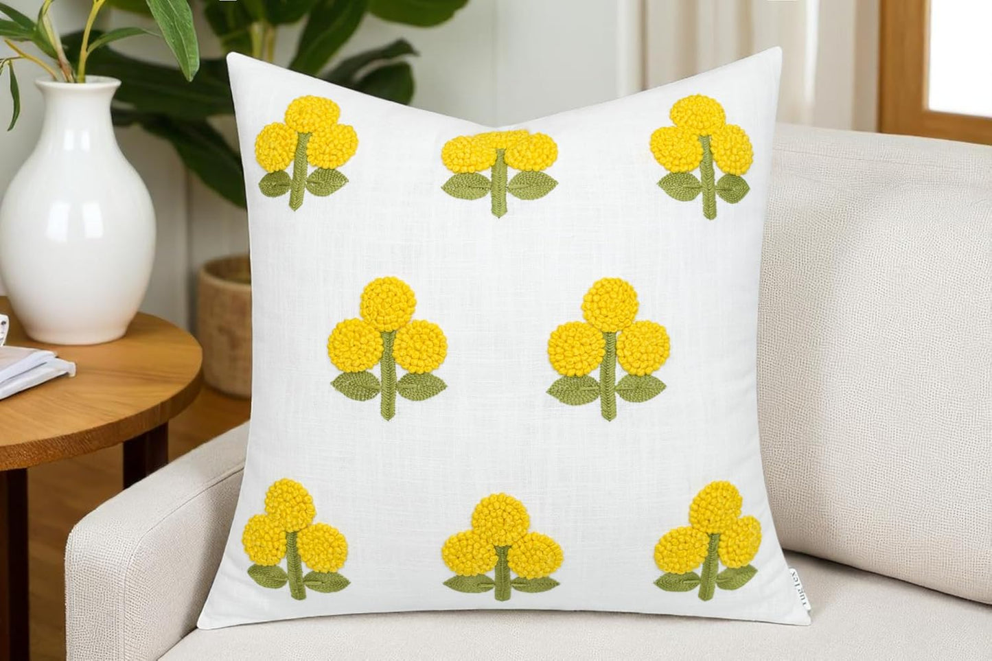 Hand Embroidered Gomet Flower Decorative Square Accent Throw Pillow Cover - Pillowcase for Living Room Sofa, Couch, Bedroom - Chair Cushion Cover - 20x20, Ivory