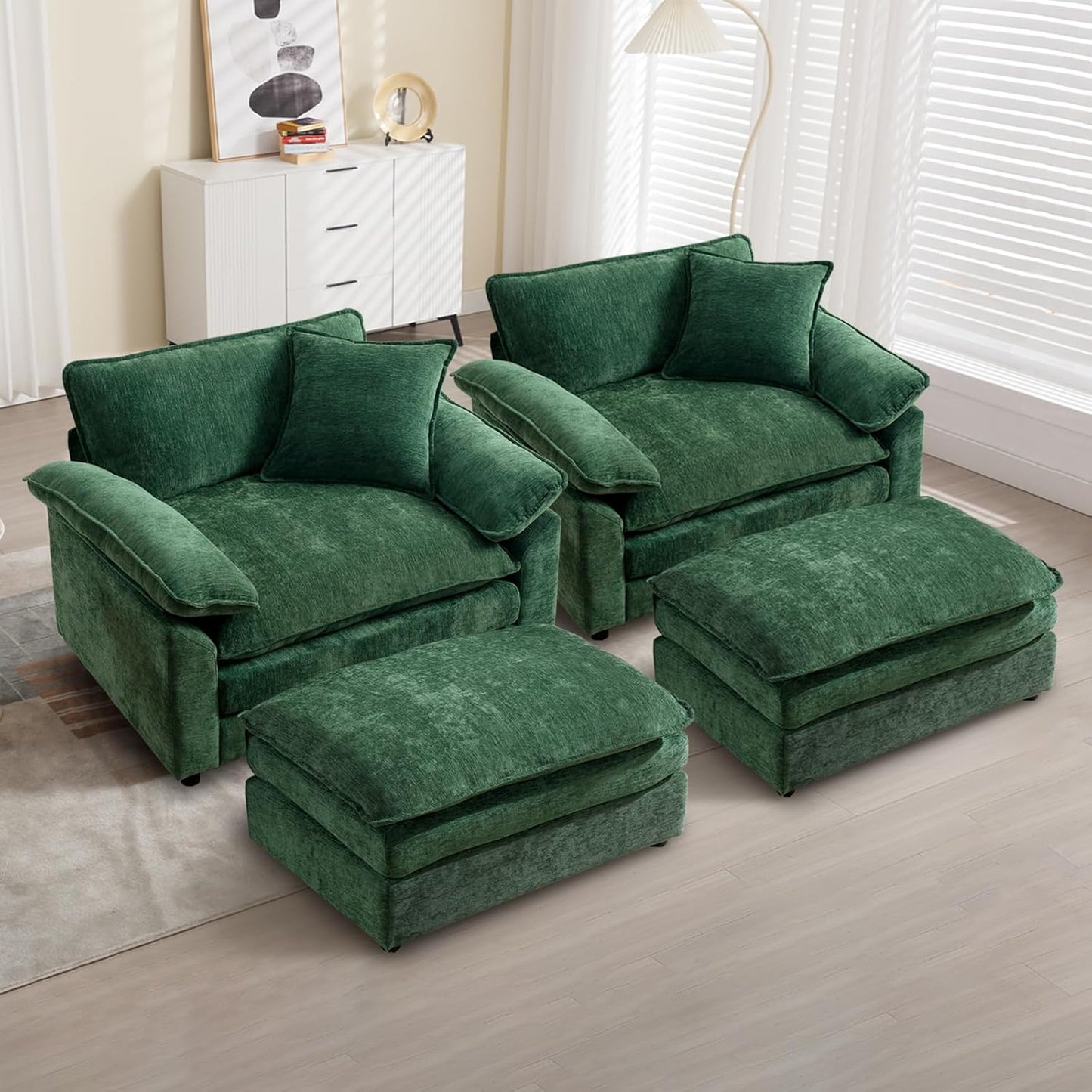 Chenille Oversized Accent Chair with Ottoman, Comfy Single Sofa Chair Armchair with Large Seat and Extra Wide Armrests, Modern Reading Chairs for Bedroom, Living Room,Beige