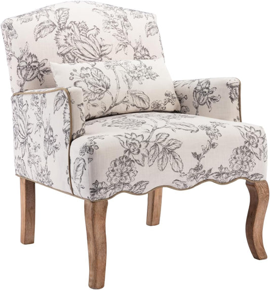 Floral Accent Chairs Farmhouse Upholstered Armchair Linen Reading Chair Mid Century Modern Single Sofa Chair with Pillow for Bedroom/Living Room/Fireplace, Beige, 1PC