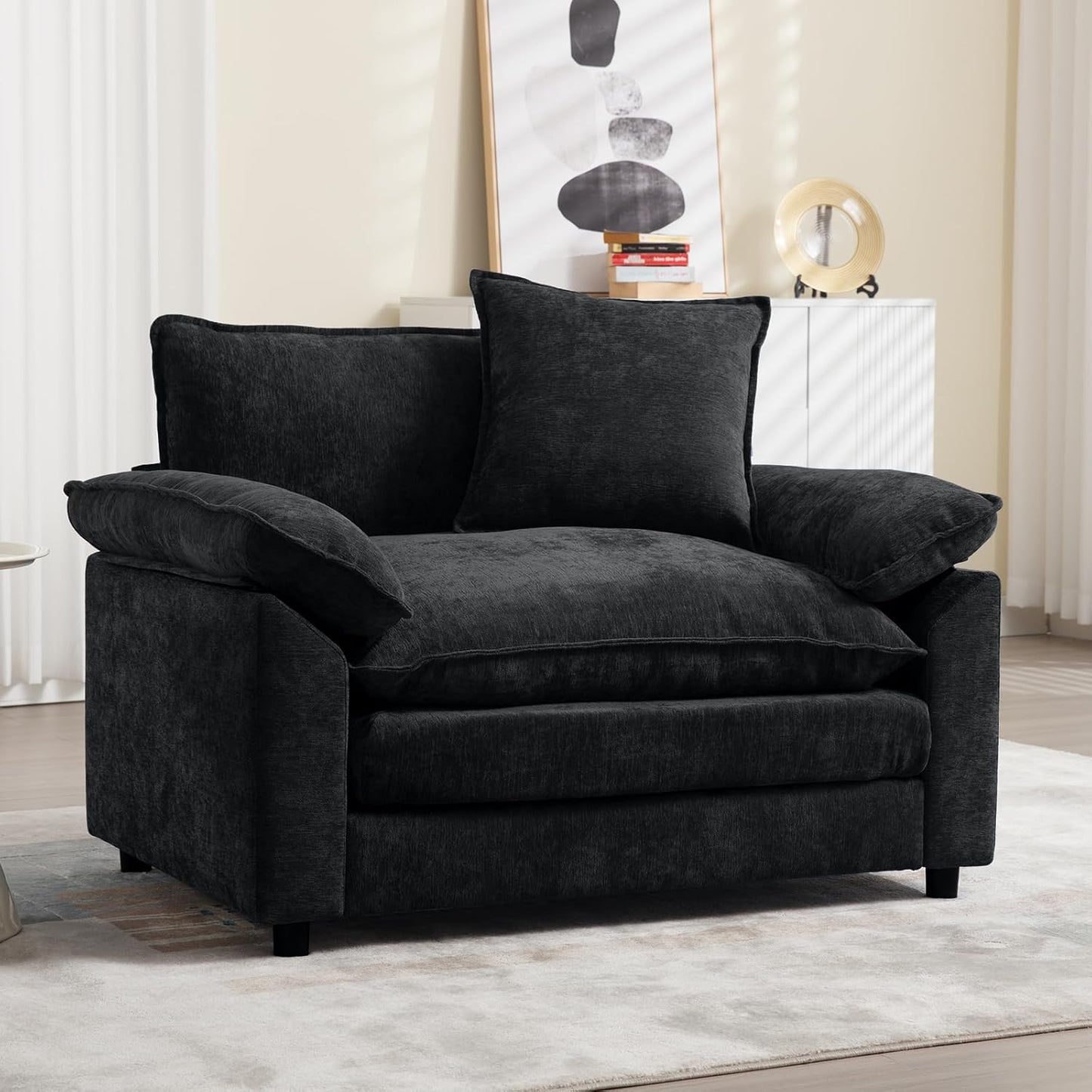 Chenille Oversized Accent Chair with Ottoman, Comfy Single Sofa Chair Armchair with Large Seat and Extra Wide Armrests, Modern Reading Chairs for Bedroom, Living Room,Beige