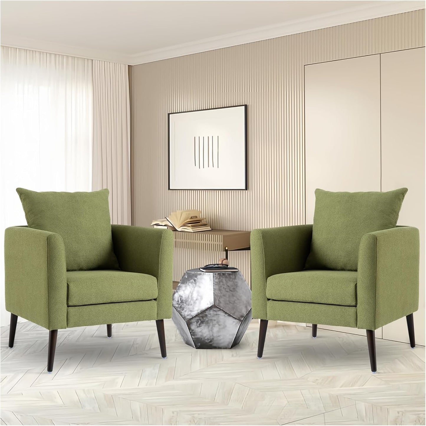 Accent Chairs Set of 2 for Living Room, Chenille Upholstered Mordern Armchair, Comfy Soft Padded Lounge Reading Arm Chair in Small Space, Bedroom, Pillow, Solid Wood Leg, Beige