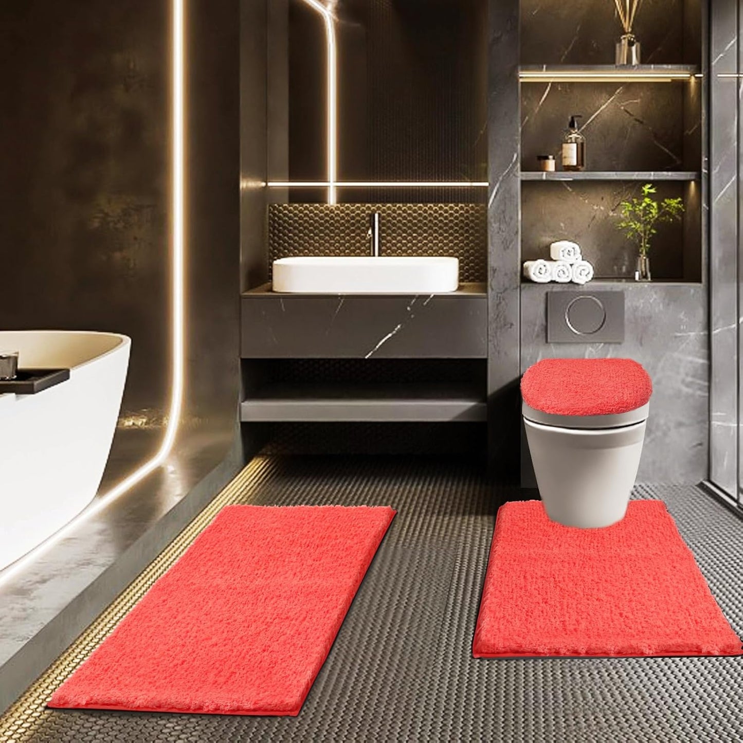 Bathroom Rugs Sets 3 Piece with Adjustable Toilet Seat Cover 17.5"x 15" Machine Washable Bath Rug Set with TPR Non Slip Rubber Backing Solid Bath Mat Set for Luxury Bathroom Decoration