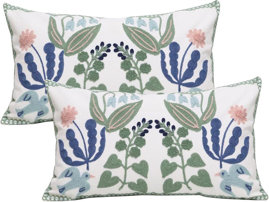 Pack of 2 Embroidered Decorative Throw Pillow Cover 18x18 Inch Farmhouse Floral Pillowcase for Living Room Sofa Bed (Bird Flower-Waist)
