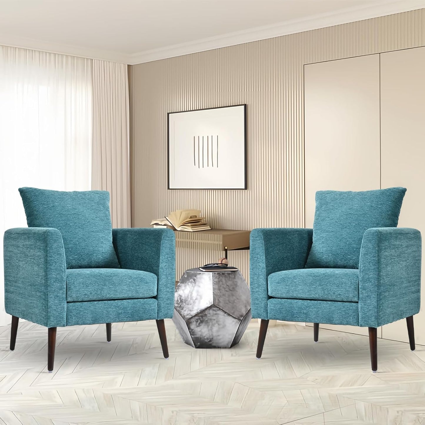 Accent Chairs Set of 2 for Living Room, Chenille Upholstered Mordern Armchair, Comfy Soft Padded Lounge Reading Arm Chair in Small Space, Bedroom, Pillow, Solid Wood Leg, Beige