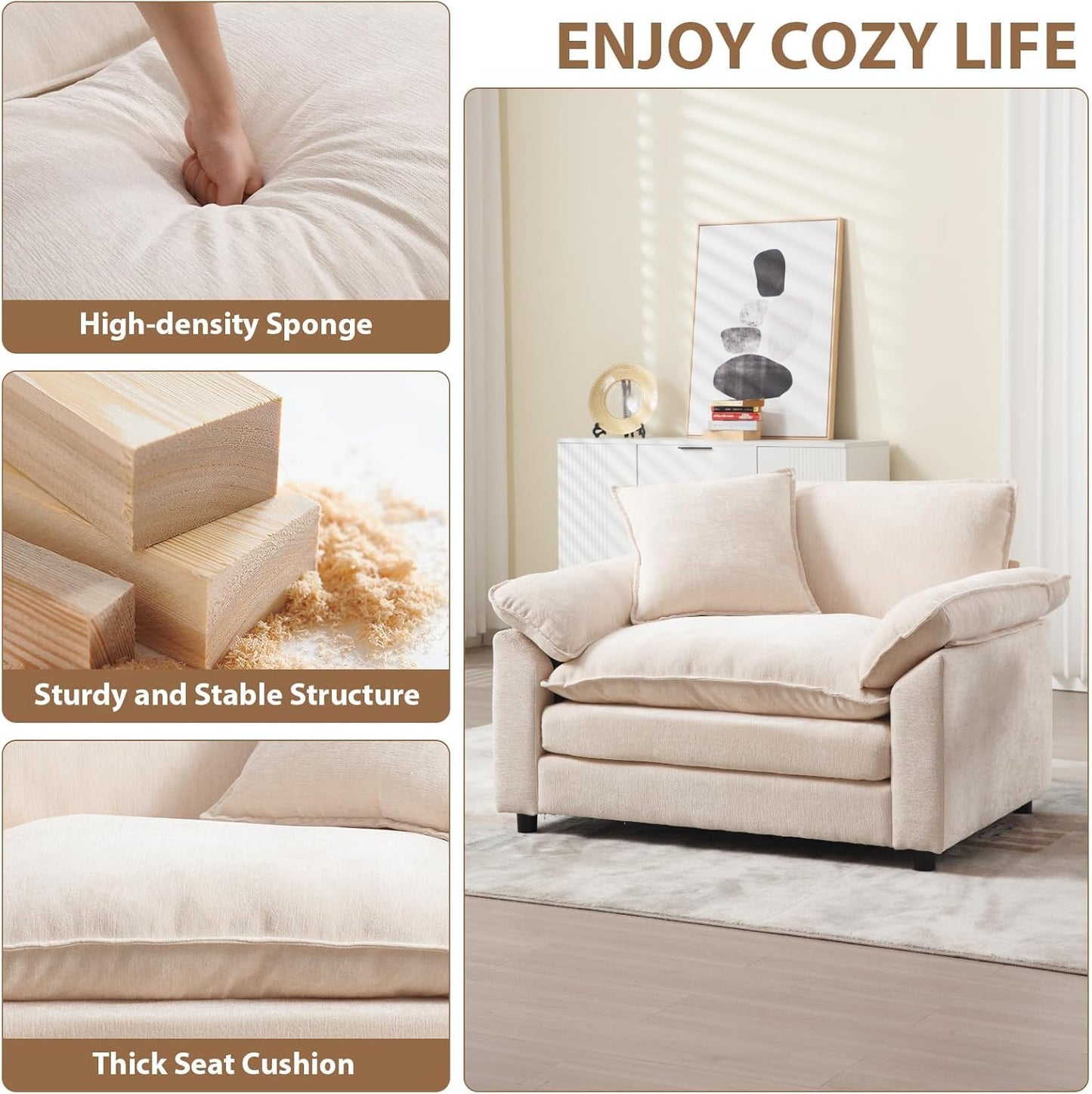 Chenille Oversized Accent Chair with Ottoman, Comfy Single Sofa Chair Armchair with Large Seat and Extra Wide Armrests, Modern Reading Chairs for Bedroom, Living Room,Beige