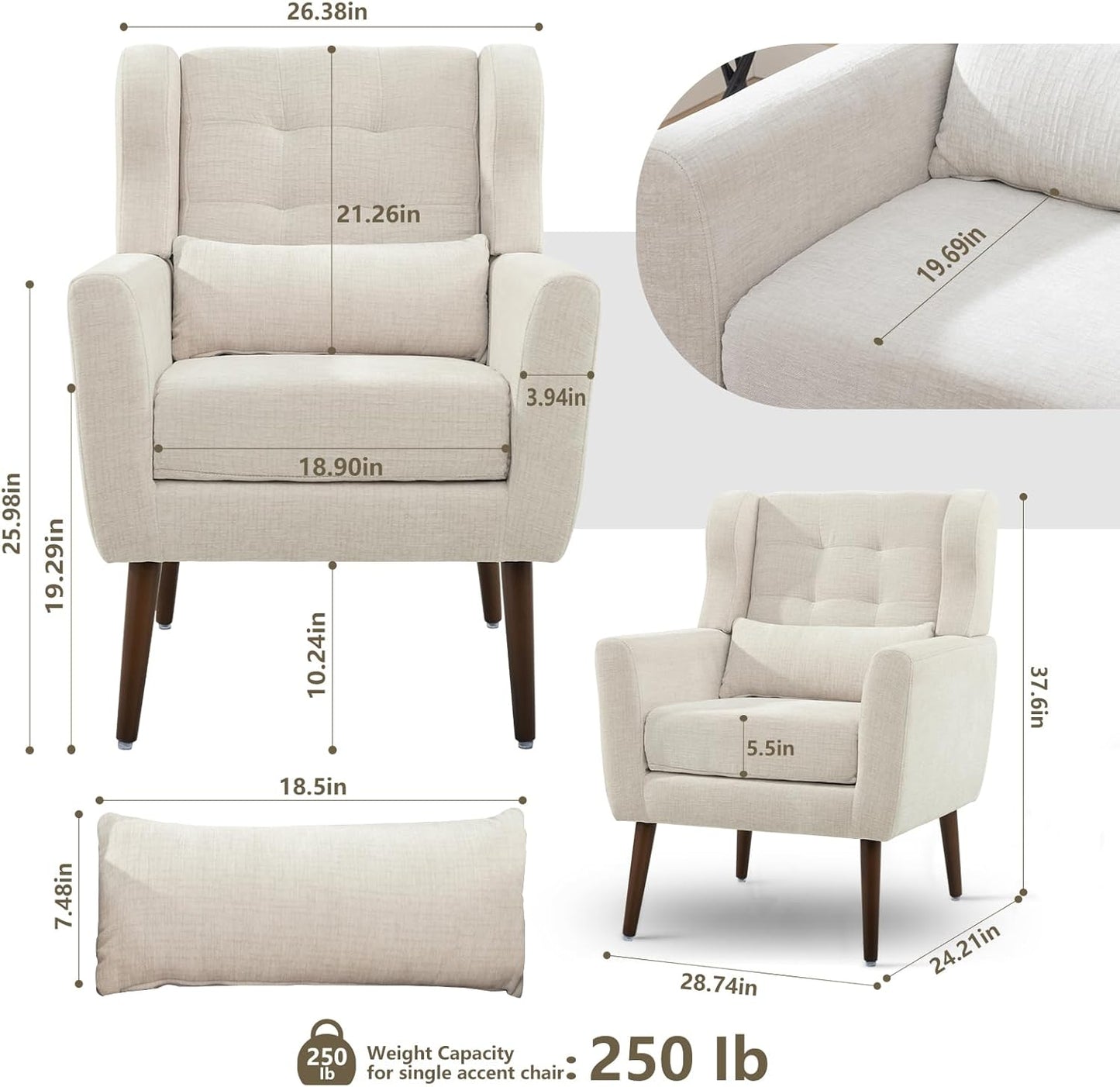 Accent Chairs Set of 2 for Living Room, Chenille Upholstered Mordern Armchair, Comfy Soft Padded Lounge Reading Arm Chair in Small Space, Bedroom, Pillow, Solid Wood Leg, Beige