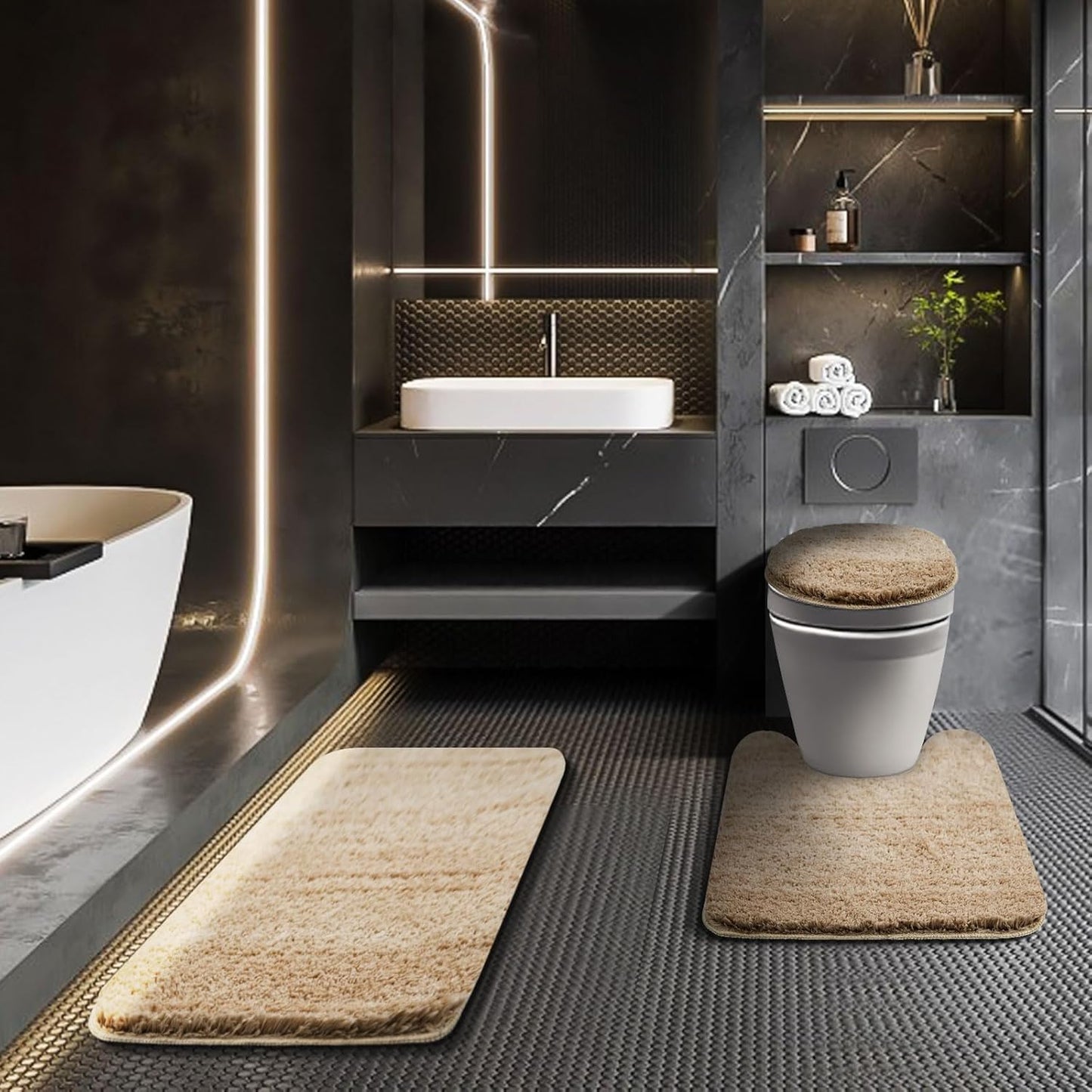 Bathroom Rugs Sets 3 Piece with Adjustable Toilet Seat Cover 17.5"x 15" Machine Washable Bath Rug Set with TPR Non Slip Rubber Backing Solid Bath Mat Set for Luxury Bathroom Decoration