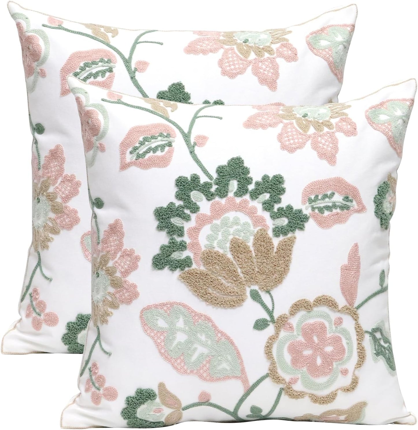Pack of 2 Embroidered Decorative Throw Pillow Cover 18x18 Inch Farmhouse Floral Pillowcase for Living Room Sofa Bed (Bird Flower-Waist)