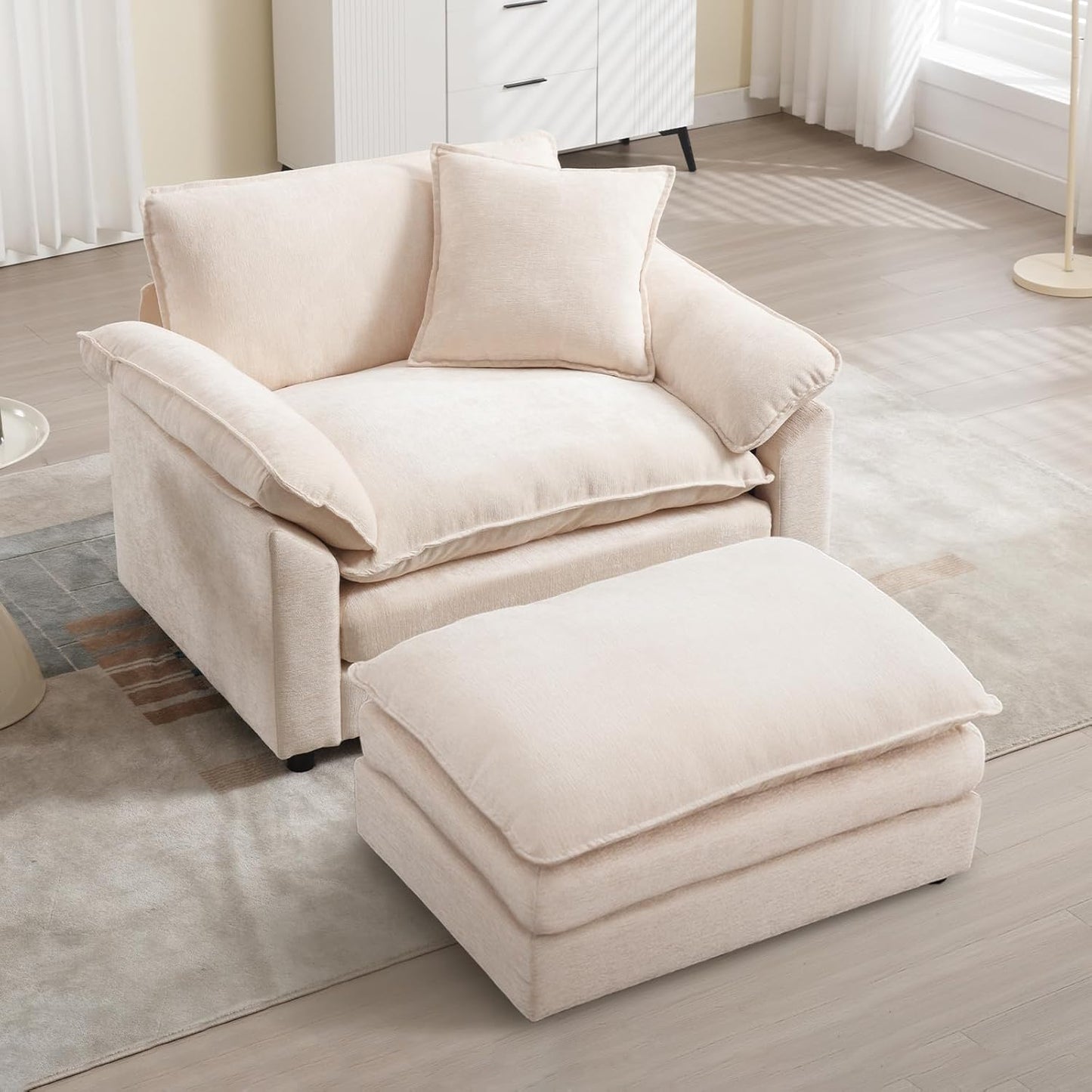 Chenille Oversized Accent Chair with Ottoman, Comfy Single Sofa Chair Armchair with Large Seat and Extra Wide Armrests, Modern Reading Chairs for Bedroom, Living Room,Beige