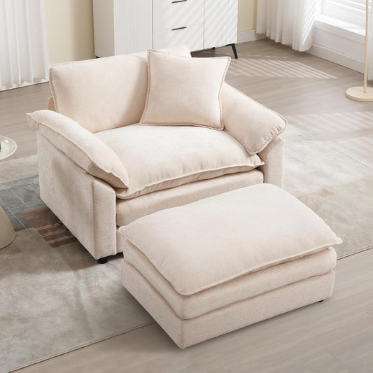 Chenille Oversized Accent Chair with Ottoman, Comfy Single Sofa Chair Armchair with Large Seat and Extra Wide Armrests, Modern Reading Chairs for Bedroom, Living Room,Beige