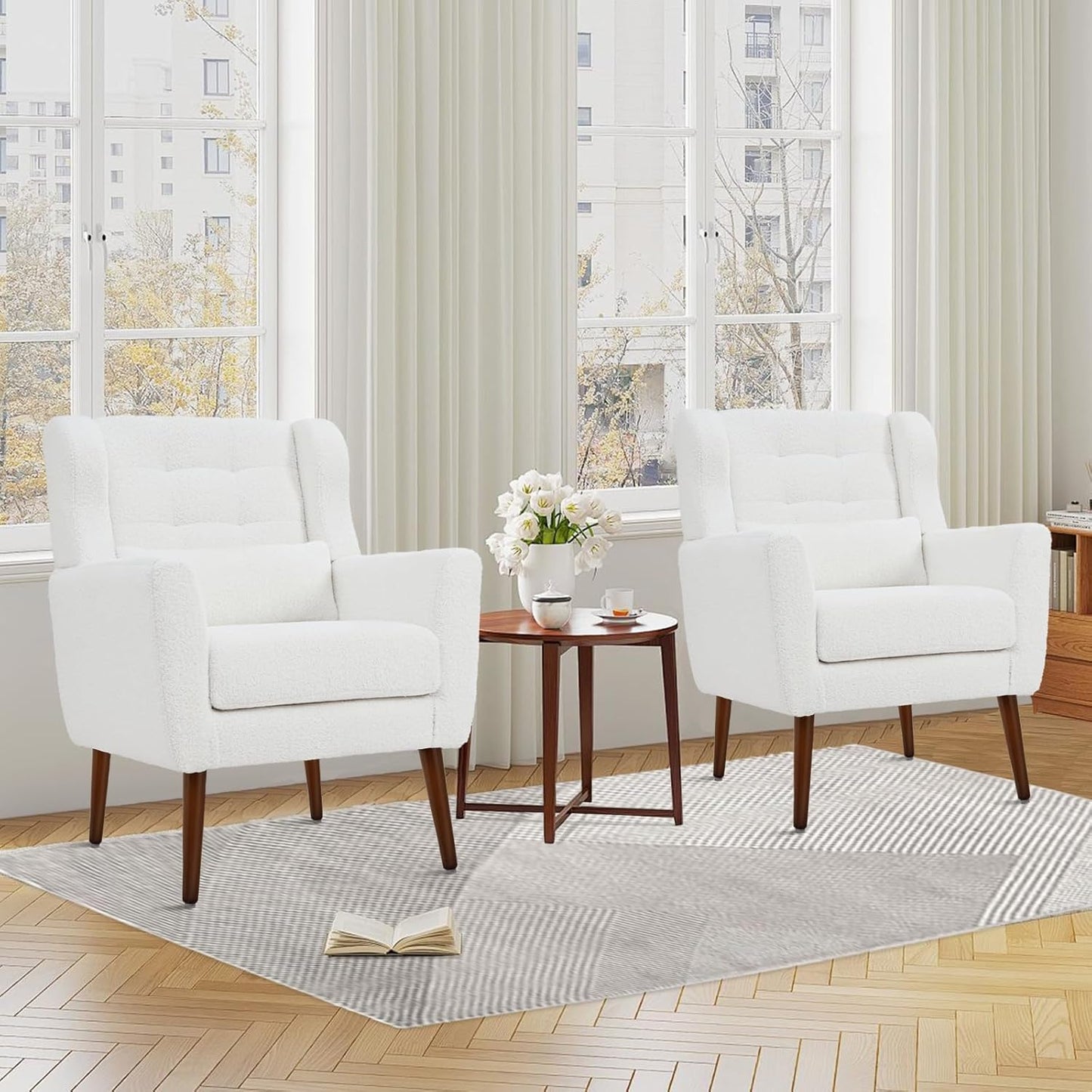 Accent Chairs Set of 2 for Living Room, Chenille Upholstered Mordern Armchair, Comfy Soft Padded Lounge Reading Arm Chair in Small Space, Bedroom, Pillow, Solid Wood Leg, Beige
