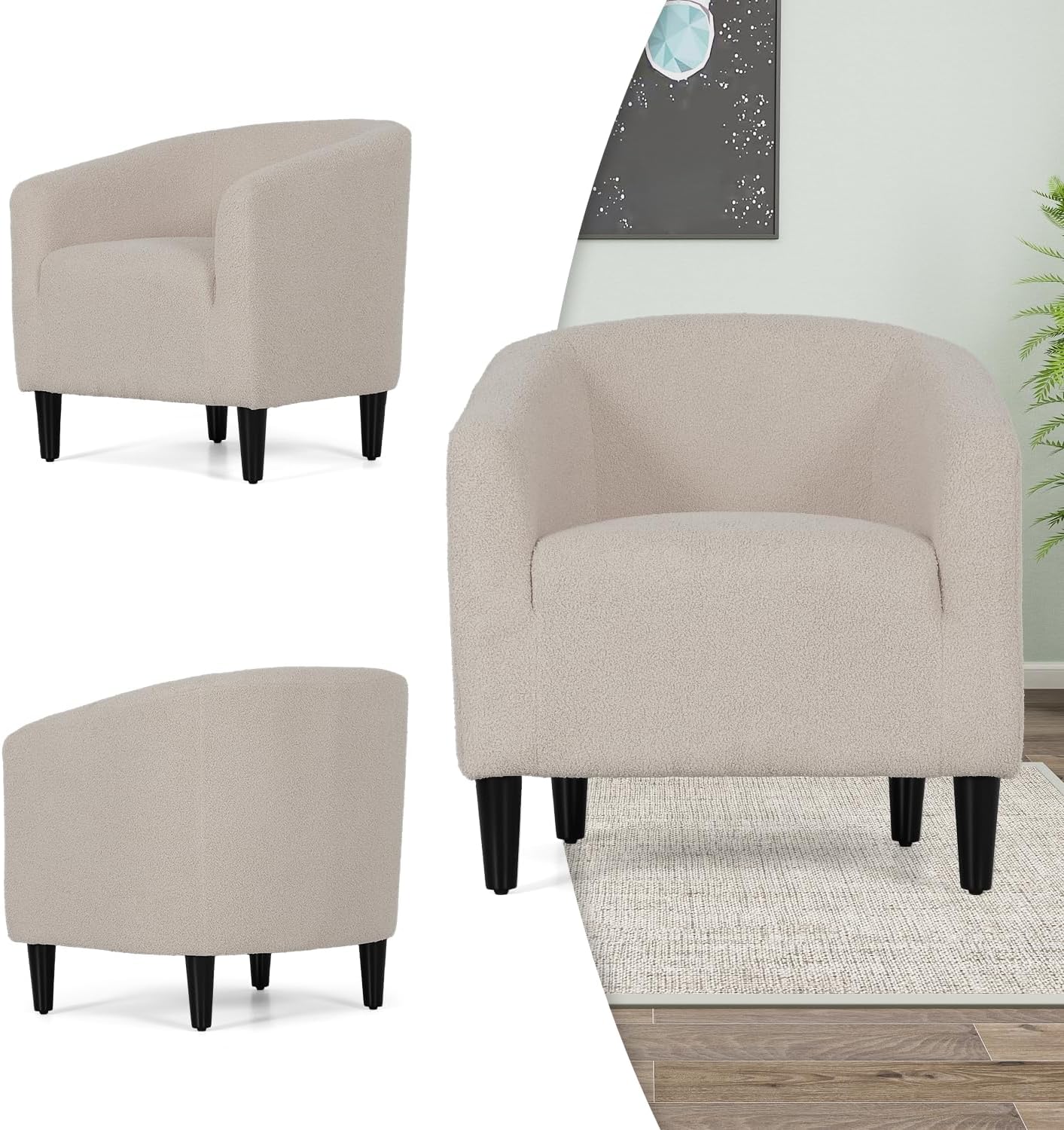 MoNiBloom Accent Barrel Chair, Boucle Fabric Accent Chair, Modern Sherpa Elegant Armchair with Cozy Soft Padded, 300lbs Capacity Compact Sofa Chair for Living Room, Bedroom, Office, Light Gray