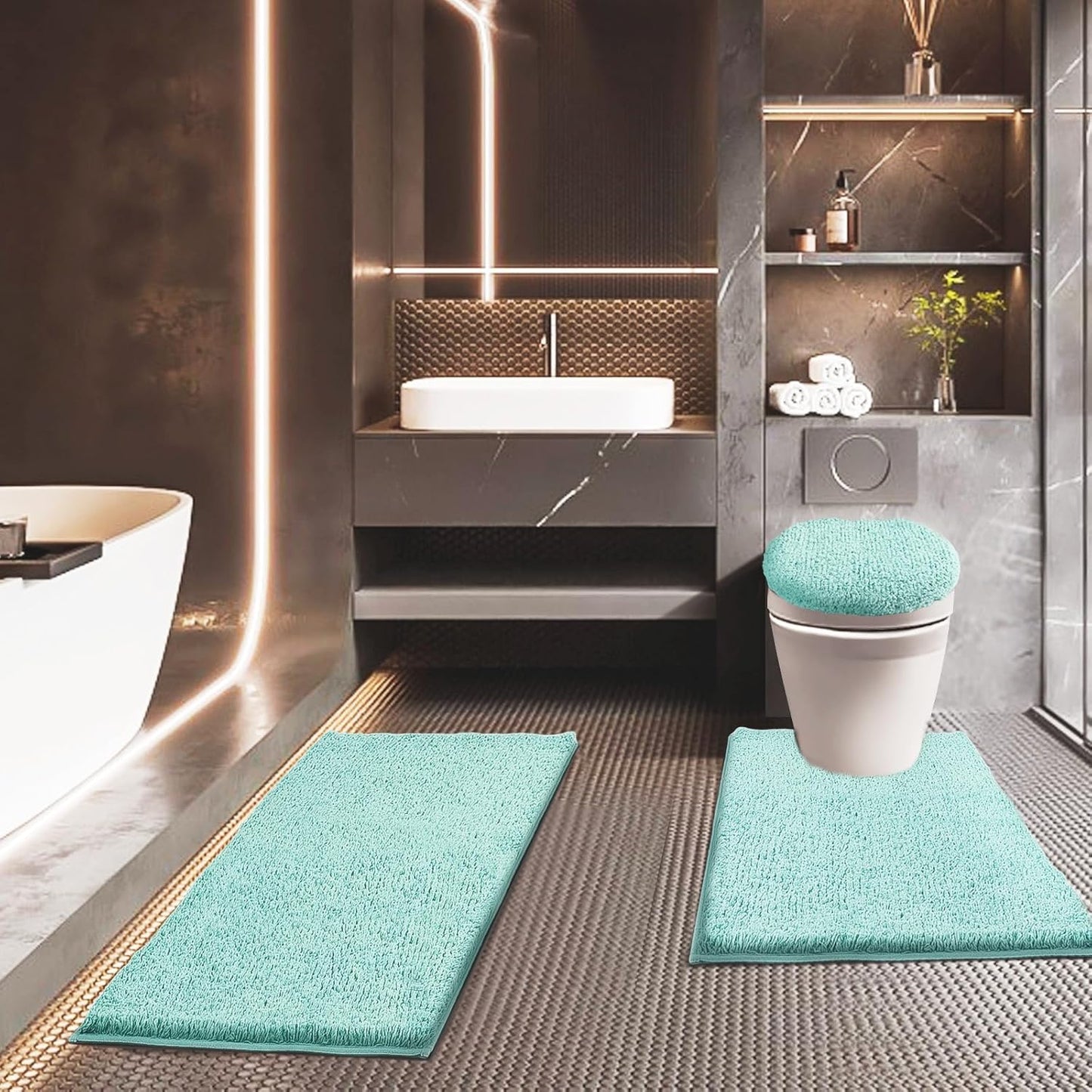 Bathroom Rugs Sets 3 Piece with Adjustable Toilet Seat Cover 17.5"x 15" Machine Washable Bath Rug Set with TPR Non Slip Rubber Backing Solid Bath Mat Set for Luxury Bathroom Decoration