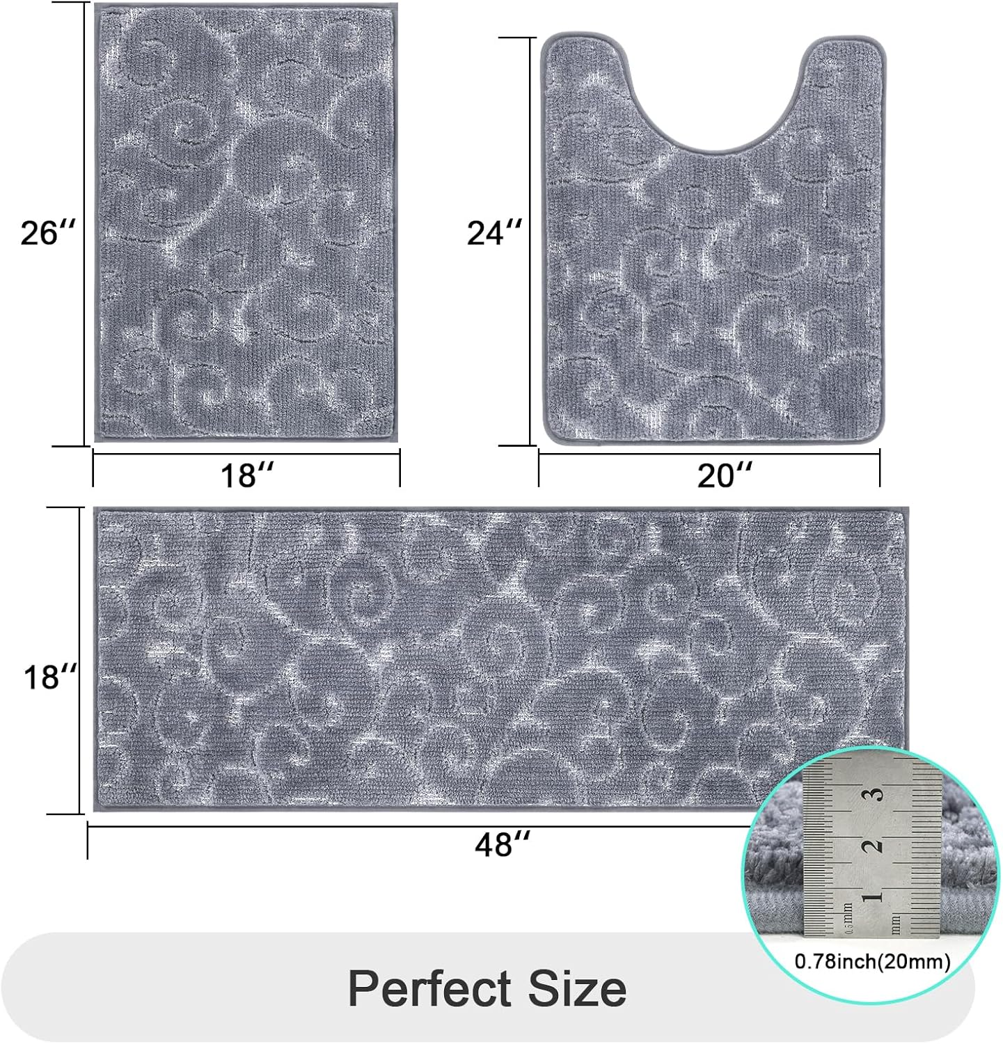 HEBE Bathroom Rug Set - 3 Piece Non Slip Shower Mats with U-Shaped Toilet Mat, Absorbent Microfiber Bath Mats for Bath Rugs, Washable Shaggy Floor Carpet