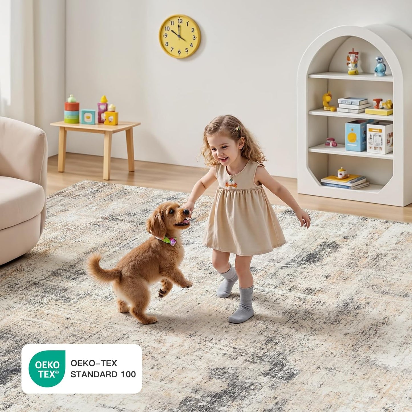 Lofus 8x10 Area Rug for Living Room, Gold Abstract Large Rugs with Non-Slip Backing, Neutral Modern Washable Carpet for Bedroom Dining Room Home Office Nursery Indoor