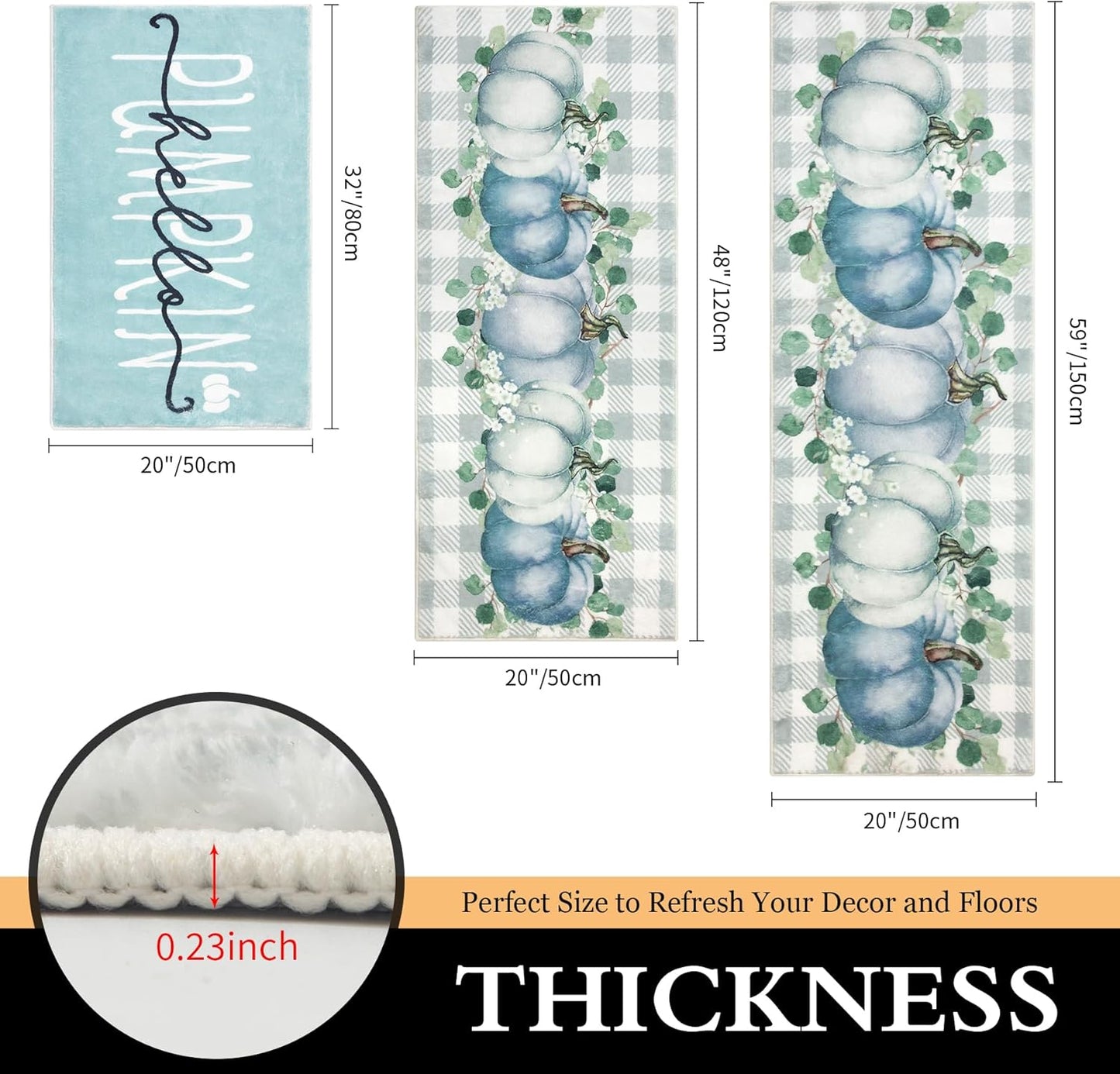 Fall Kitchen Rugs Sets of 3 Non Slip Washable Blue Pumpkin Kitchen Mats for Floor 3 Piece Set Kitchen Rug Sets Runner Carpets Absorbent for Home Party Autumn Decor(20"x32"+20"x48"+20"x59")