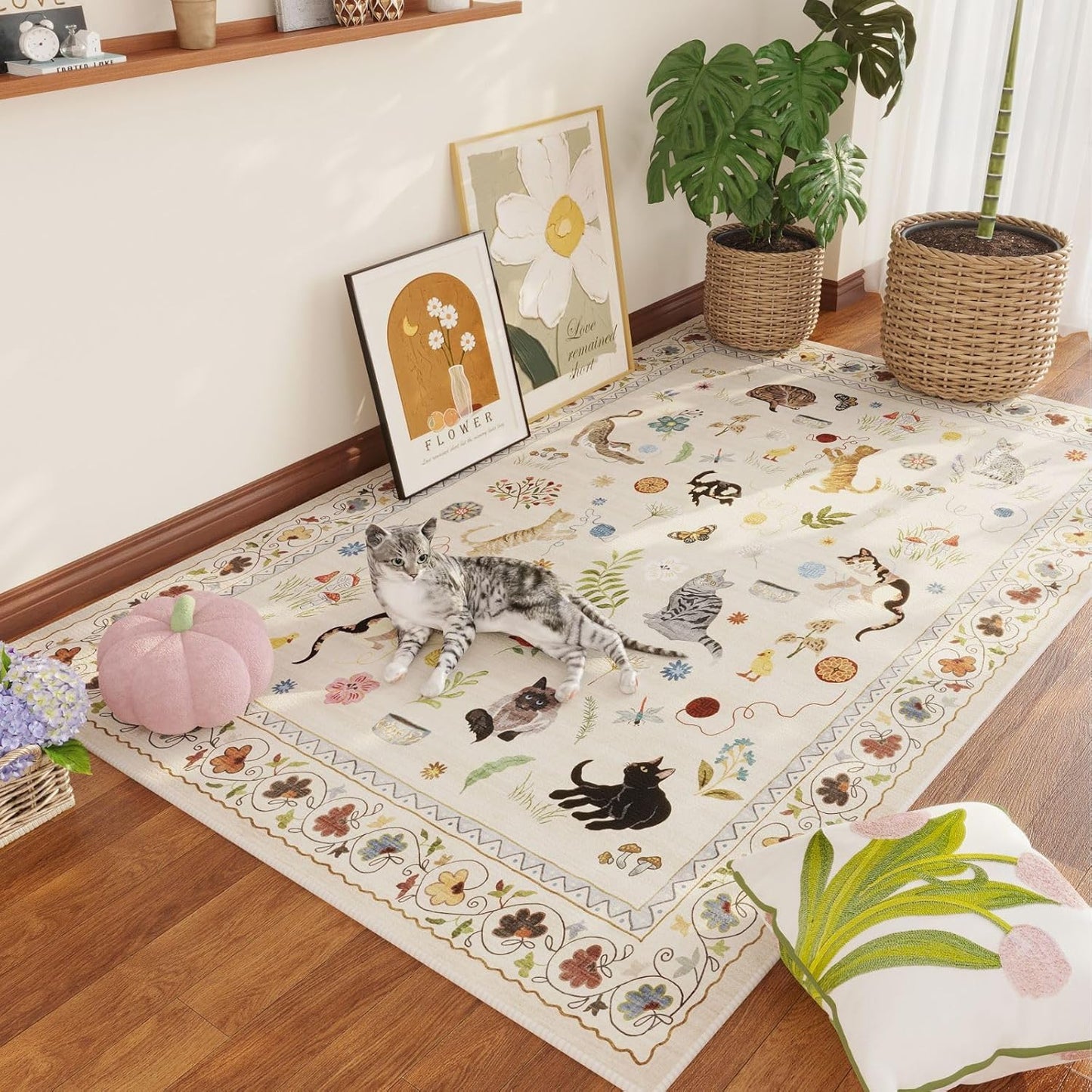 Rugcomf Living Room Rug 5x7 Rug Machine Washable Boho Area Rug Non Slip Floral Animal Cat Vintage Low Pile Large Rugs for Living Room Bedroom Farmhouse Dining Room Kids Playroom, Beige