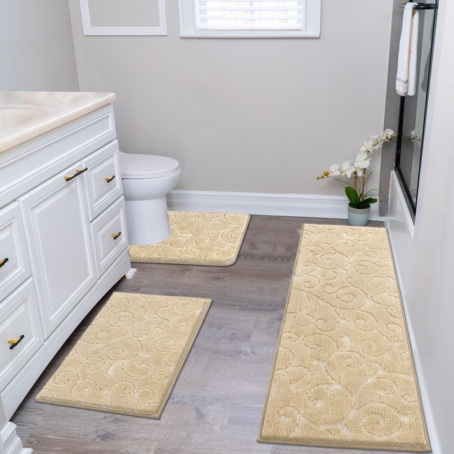 HEBE Bathroom Rug Set - 3 Piece Non Slip Shower Mats with U-Shaped Toilet Mat, Absorbent Microfiber Bath Mats for Bath Rugs, Washable Shaggy Floor Carpet