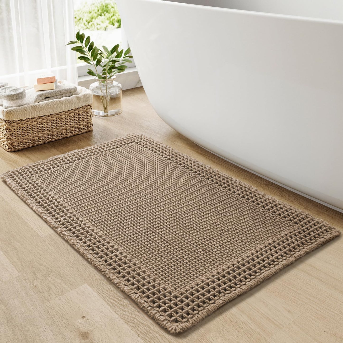 RESARE Waffle Bathroom Runner Rugs, Super Absorbent Bath Mat Non Slip Washable Quick Dry, Upgraded Ultra Soft Boho Bath Rugs with Tassels for Hallway Bedroom Laundry Room, 2'x6'(24"x72"), Brown