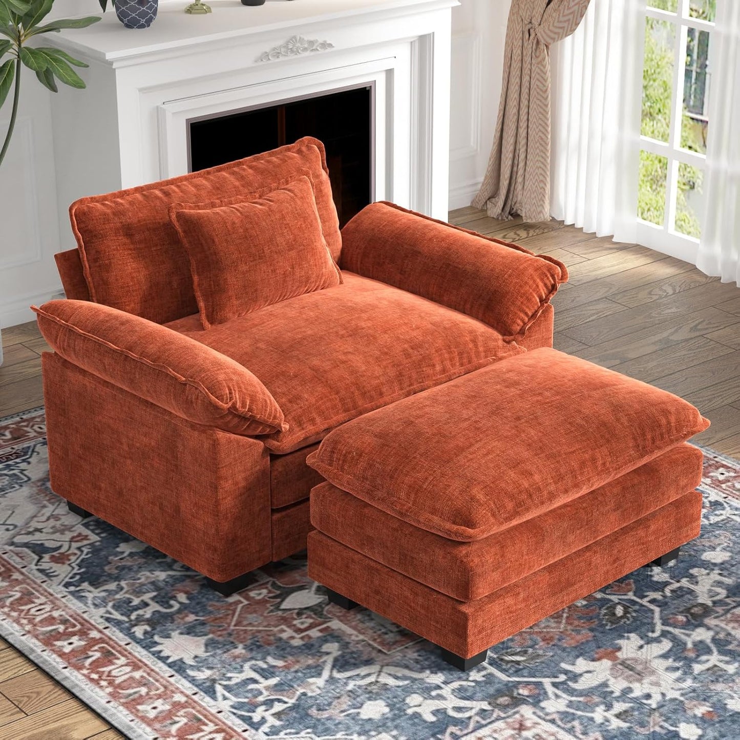 CDCASA Oversized Accent Chair, Chenille Comfy Cloud Sofa Chair with Large Seat and Upholstered Armrests, Modern Extra Wide Armchair Reading Chairs for Bedroom, Living Room,Set of 2,Terracotta Orange