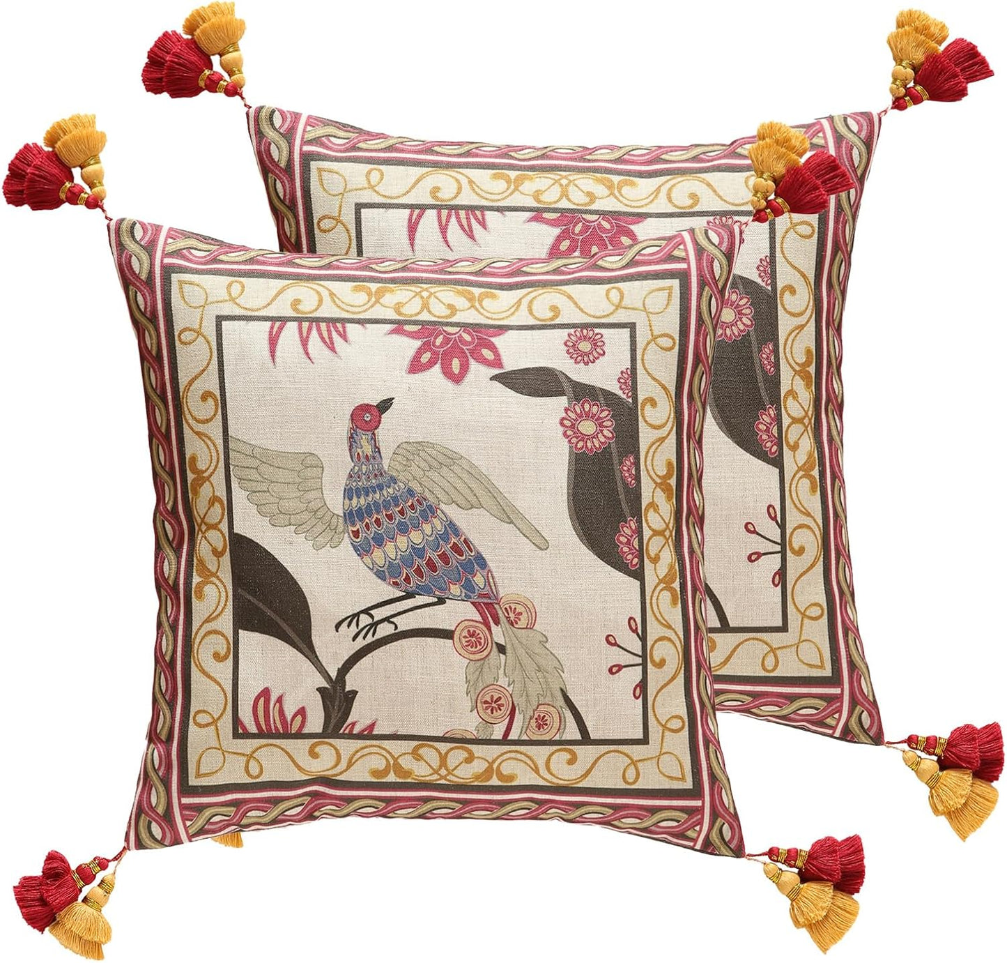 patdrea Designer Pack of 2 Square Throw Pillow Covers,Farmhouse Pink and Yellow Linen with Floral Pattern Pillows Cover,Decorative Pillowcases Cushion for Bed Living Room Outdoor Car,18"x18"