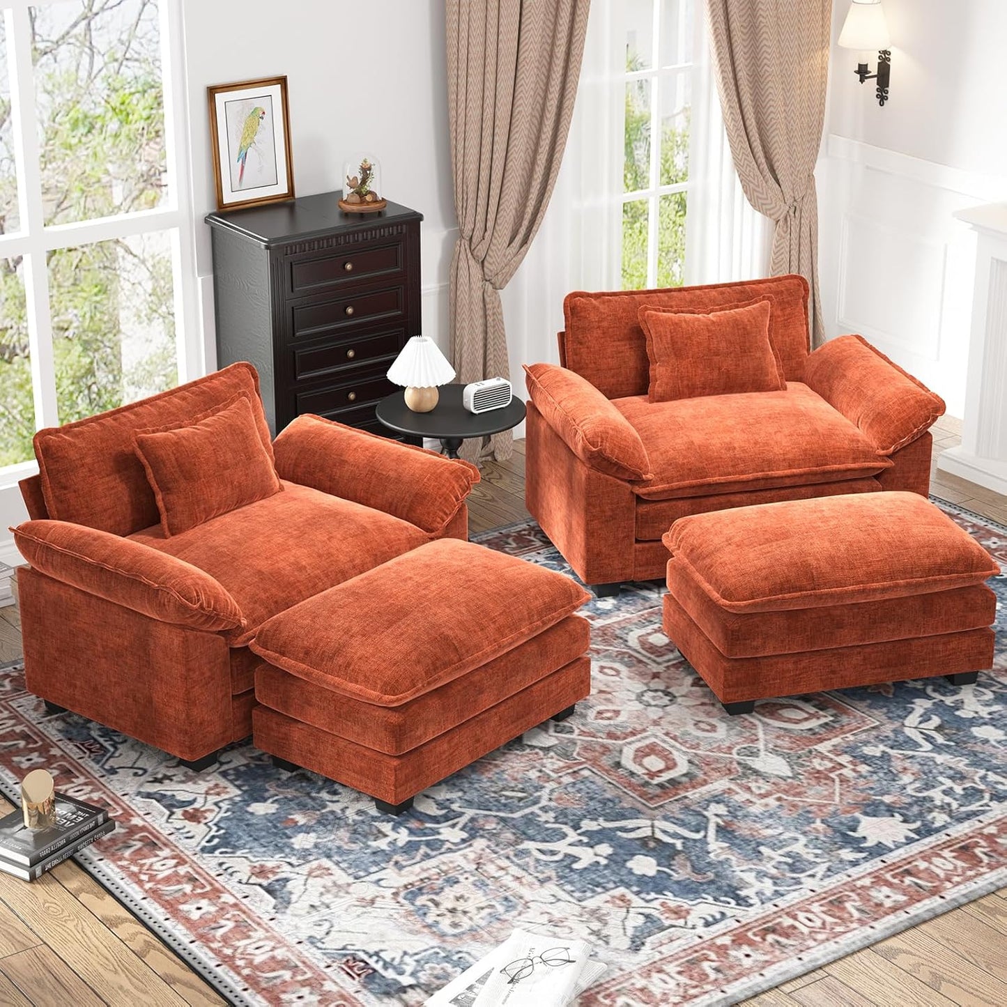 CDCASA Oversized Accent Chair, Chenille Comfy Cloud Sofa Chair with Large Seat and Upholstered Armrests, Modern Extra Wide Armchair Reading Chairs for Bedroom, Living Room,Set of 2,Terracotta Orange